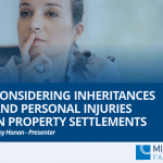 A screenshot of a webinar "Considering inheritances and personal injuries in property settlements"