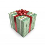 A photo of Australian $100 notes (dollars) wrapped as a gift, with a bow on top