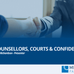 A screenshot of a cover page for a Family Law webinar "Counsellors, Courts and Confidentiality"