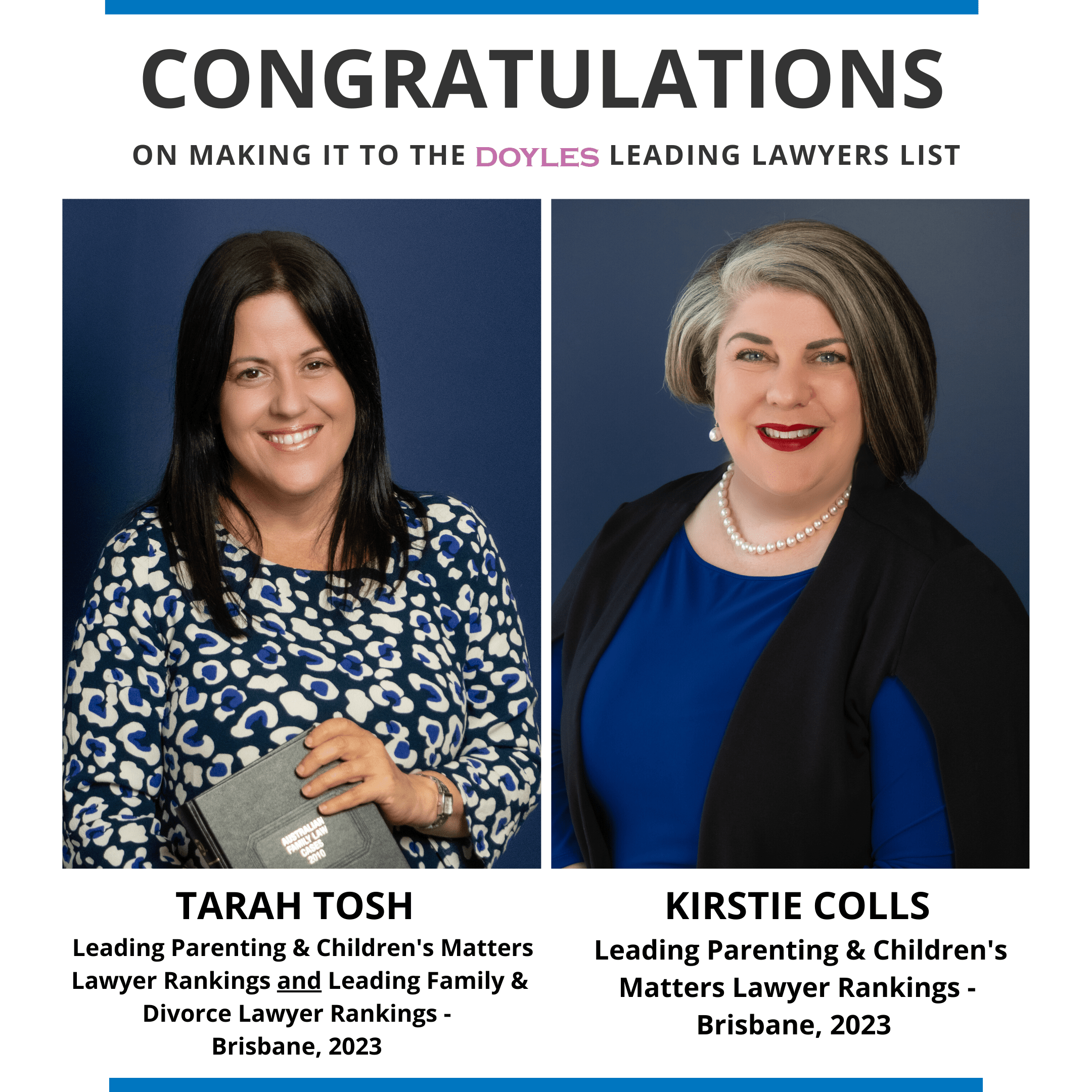 Tarah Tosh and Kirstie Colls listed on the Doyles Guide of Leading lawyers for 2023